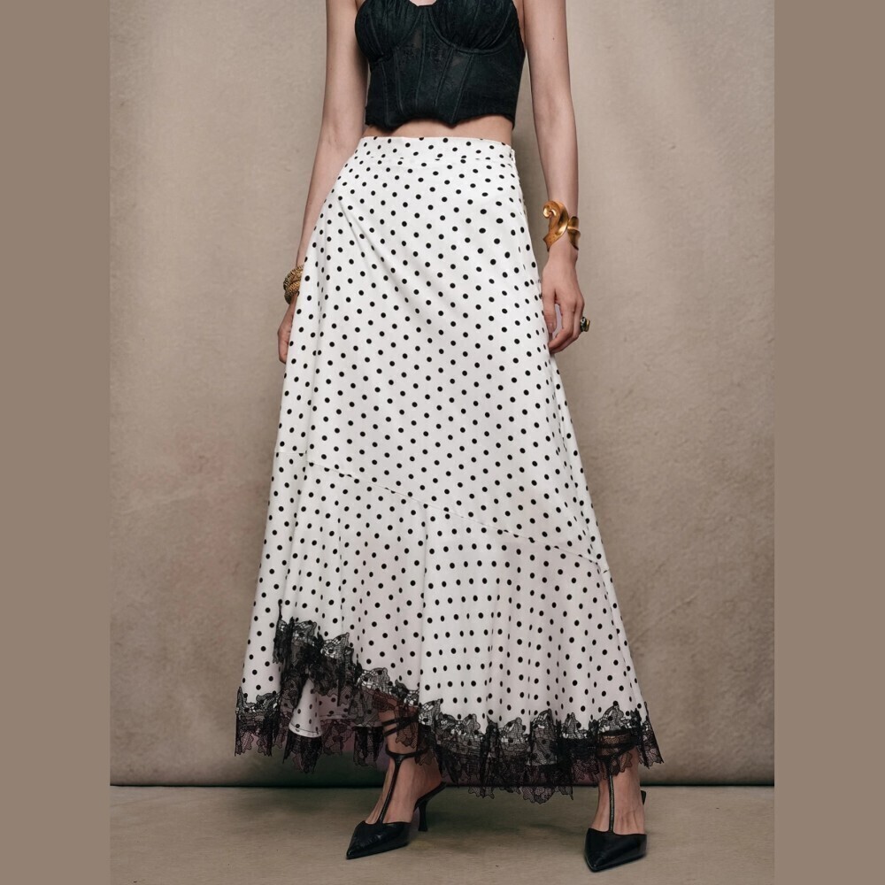 Ivory White Black Polka Dot Lace Trim High Waist Asymmetric Maxi Skirt